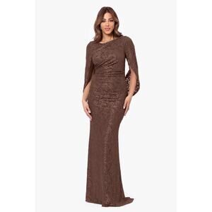 Betsy & Adam Women's Embellished Glitter-Lace Capelet Gown Brown Size 4 NWT